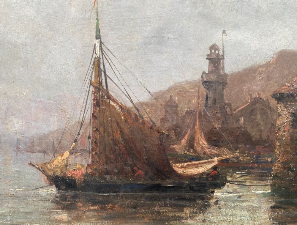 A post-impressionist oil painting on canvas depicting sailing vessels, a stone arch, and a clock tower in a hazy French Riviera harbour. View III