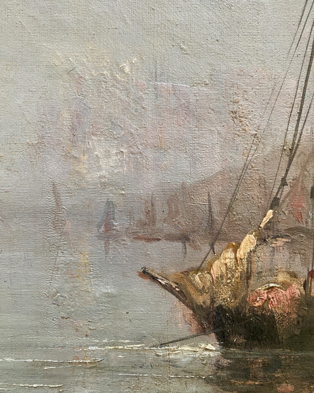 A post-impressionist oil painting on canvas depicting sailing vessels, a stone arch, and a clock tower in a hazy French Riviera harbour. View VIII