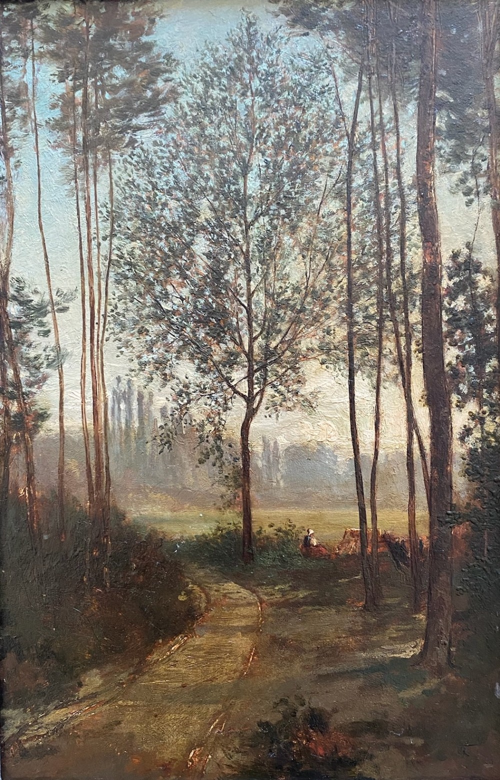 The little cowherdess: 19th Century French Barbizon pastoral landscape painting oil on board