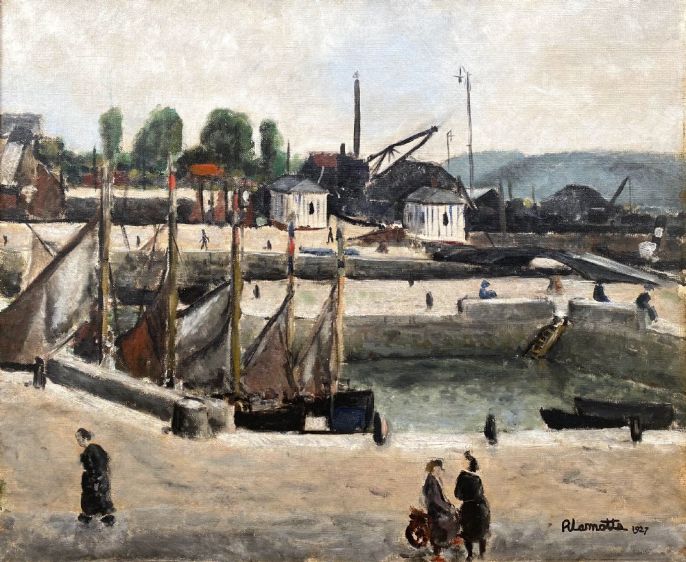 An oil painting on canvas depicting a harbour scene with docked sailing boats, figures walking on the stone quay, and industrial cranes in the background.