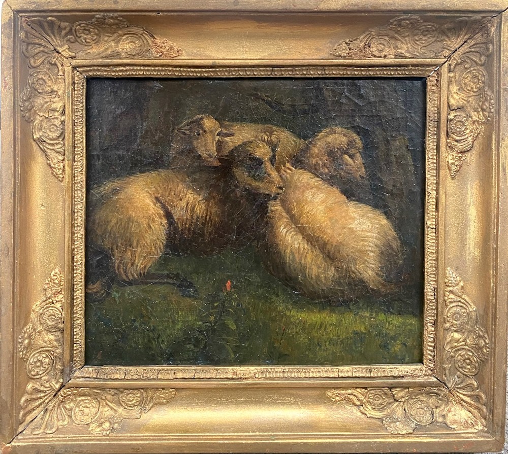 Barbizon study of sheep, ca 1870, manner of Charles Jacque French pastoral oil on canvas 