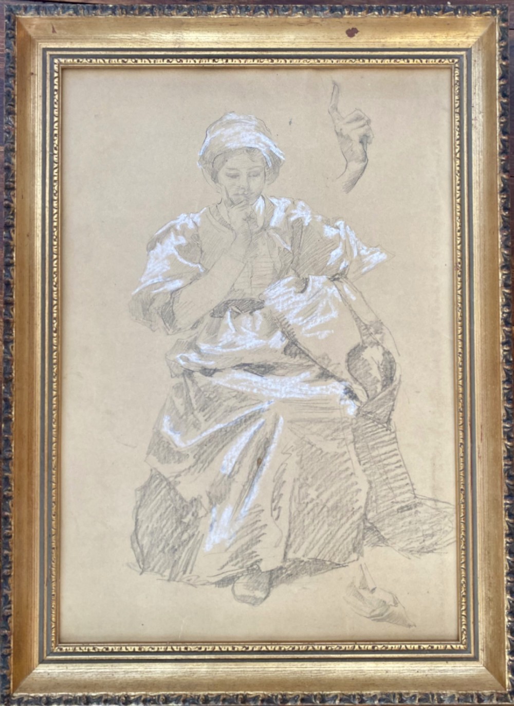 A nineteenth-century French graphite sketch on beige paper depicting a seated woman in thought alongside a separate study of an uplifted hand. View III