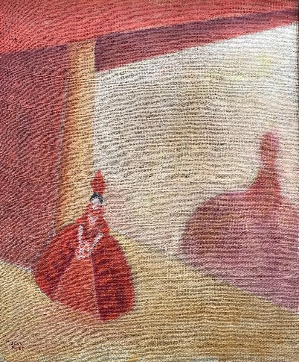 The Encore, figure and shadow on stage ca 1925: art deco avant garde modernist Paris theatre oil on jute painting