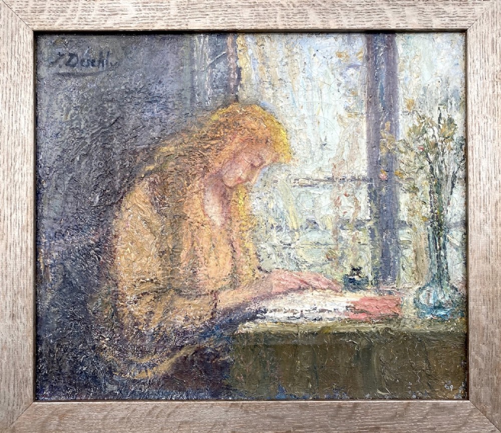 Young Woman Writing, ca 1910, woman artist Romanian in Paris intimist oil on canvas