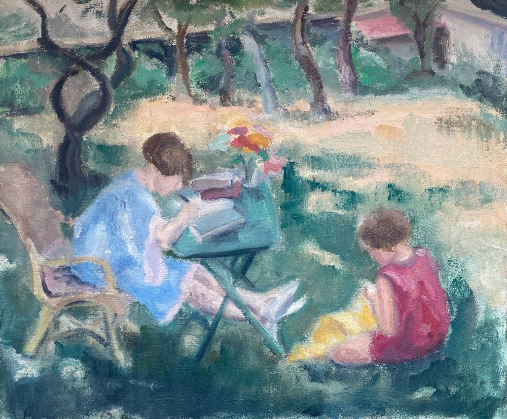 Homework in the Garden, ca 1930 Woman Artist French Modernist oil on canvas