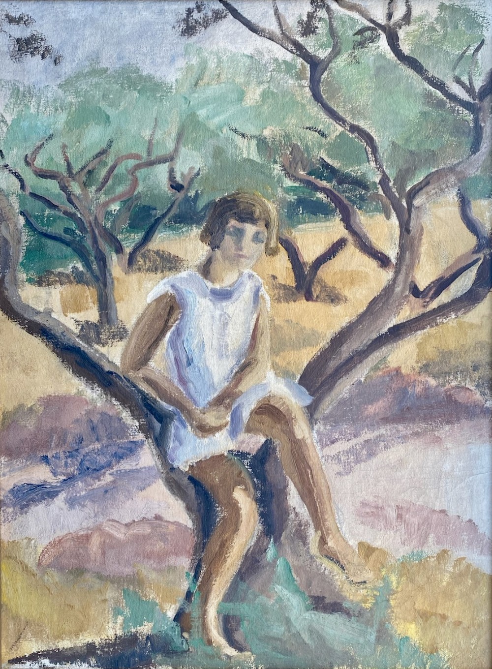 The girl in the tree, ca 1930, Provence, the South of France, French woman artist oil on canvas