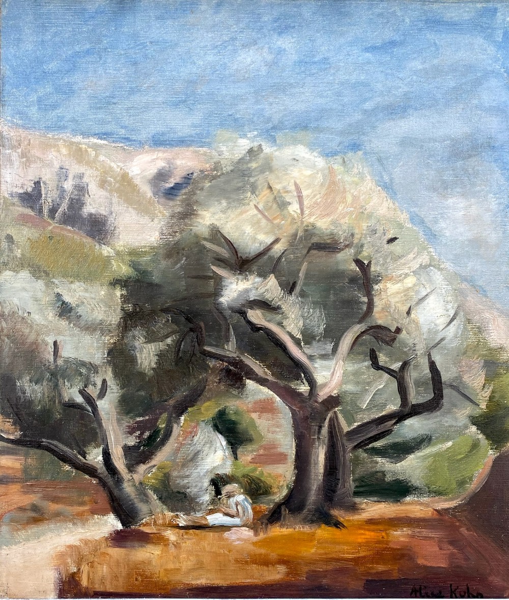 Lightly cubist woman reading in the shade of the trees, ca 1940, Provence, the South of France, French woman artist modernist oil on canvas