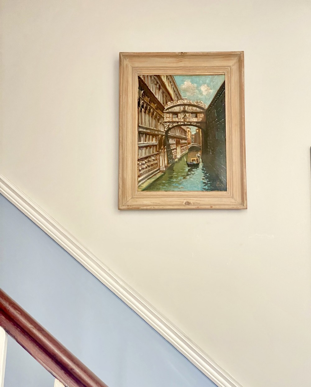 An oil painting depicting a gondola navigating a narrow Venetian canal beneath the carved stone Bridge of Sighs. View VIII