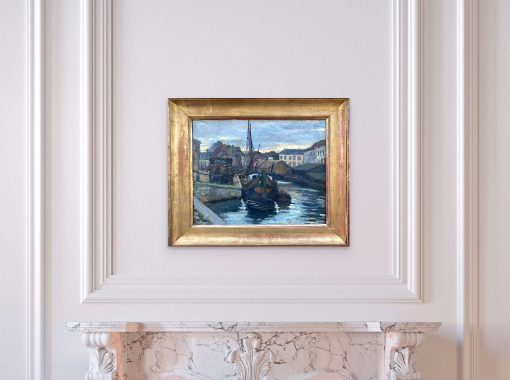 An oil painting depicting fishing boats moored along a canal in a harbour town at sunrise under a blue grey sky. View VII