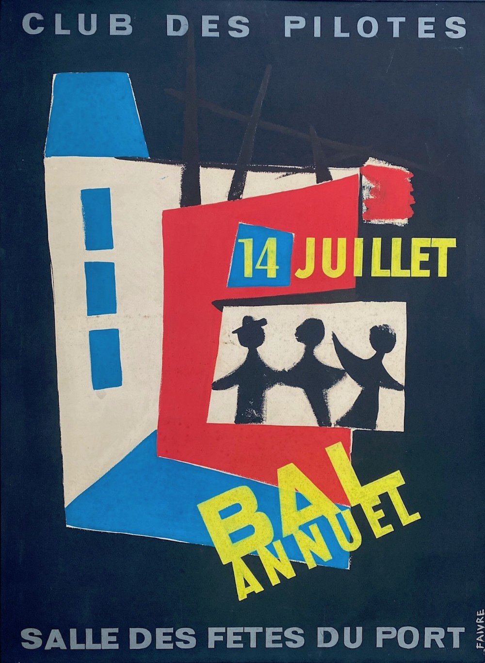 A mid-century graphic poster design painted in gouache on paper featuring abstract figures, geometric buildings, and French lettering over a navy blue background.