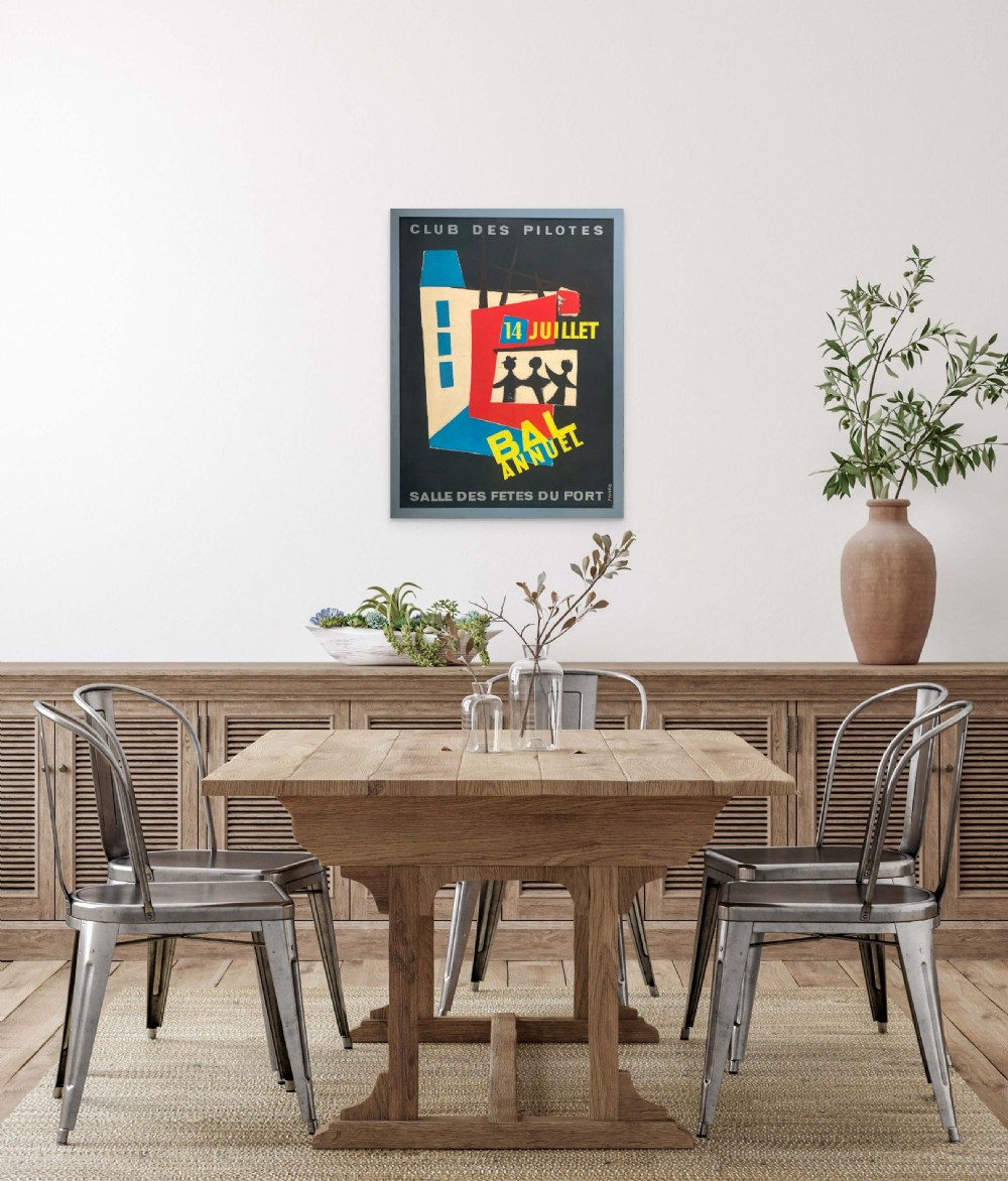 A mid-century graphic poster design painted in gouache on paper featuring abstract figures, geometric buildings, and French lettering over a navy blue background. View VIII