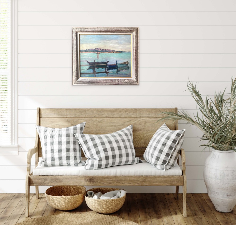 An oil painting on a wooden panel depicting small wooden boats moored at a jetty along a calm Mediterranean coastline with mountains in the background. View VI