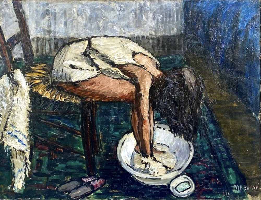 Young Woman soaping her Feet, ca 1940 interior scene French oil on canvas.