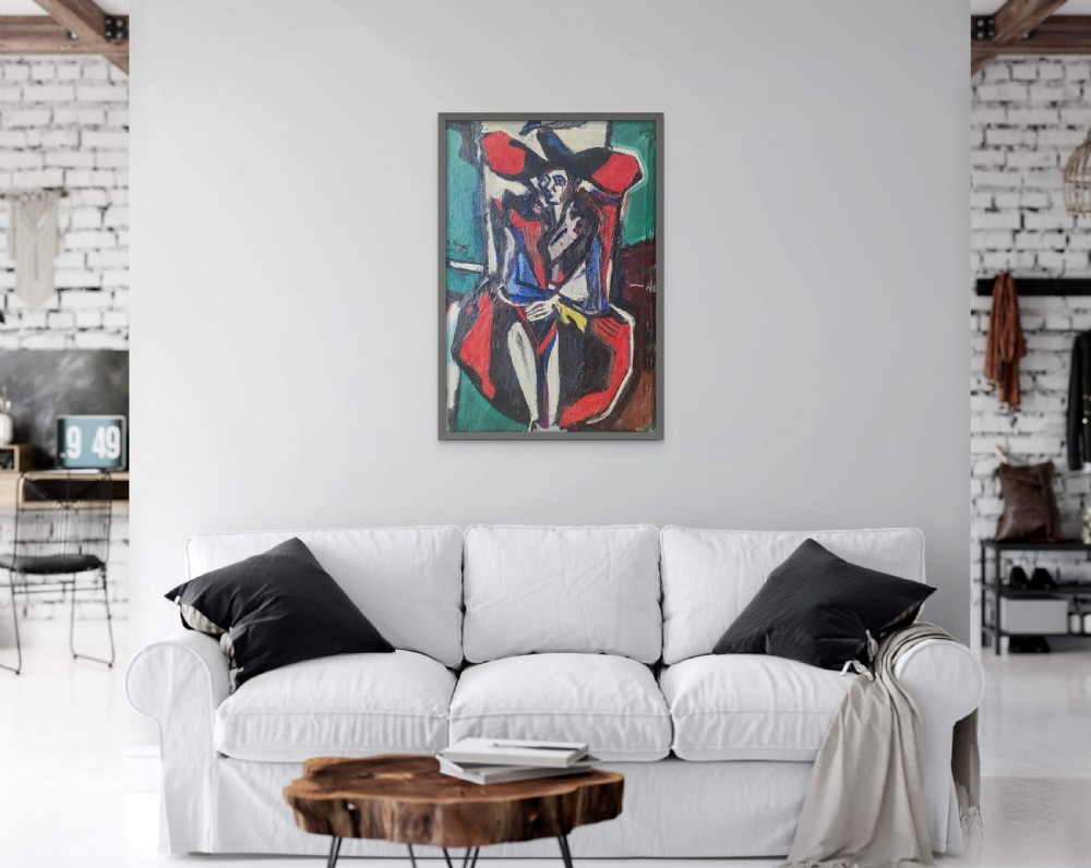 A mid-century avant-garde oil painting on canvas depicting an abstracted figure seated in a red armchair against a green background. View VII