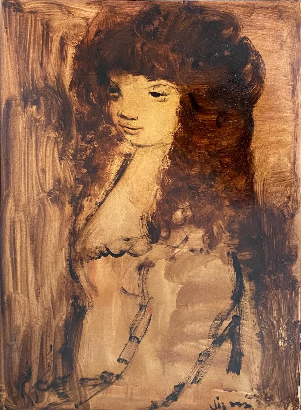 Baroque woman ca 1950 female figure in earthen monochrome, Austrian magical surrealist expressionist oil on paper
