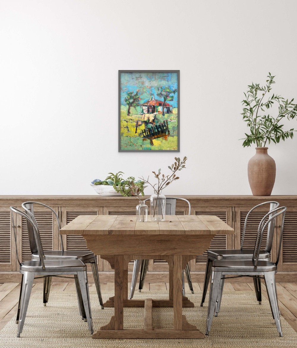 A 1959 mid-century oil painting on canvas featuring an abstracted landscape with a house and trees in blue, green, and ochre impasto textures. View II