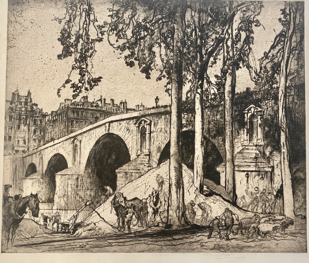Welsh master Frank Brangwyn RA The Pont Marie Paris 1914 large rare original etching on paper