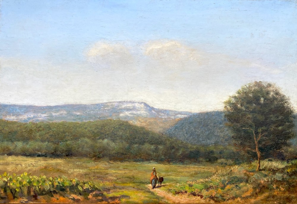 A nineteenth-century oil painting on canvas depicting a Provencal landscape with a central dirt path, a figure, and distant blue mountains under a light sky.