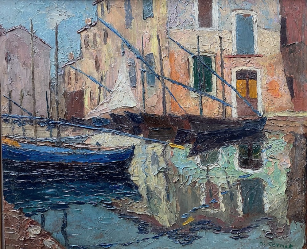 Boats and Sails in the South of France, ca 1920 Provence, St Tropez or Martigues, the Cote d'Azur oil on panel