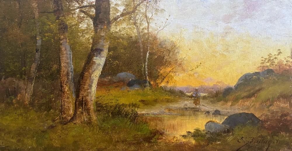 Lone figure walking at sunset, French Barbizon landscape oil on panel