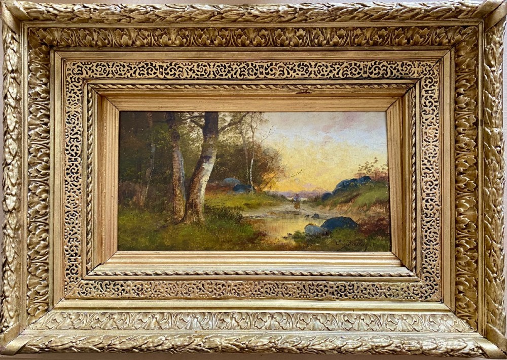 Lone figure walking at sunset, French Barbizon landscape oil on panel View II