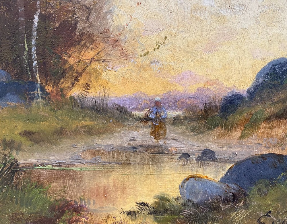 Lone figure walking at sunset, French Barbizon landscape oil on panel View III