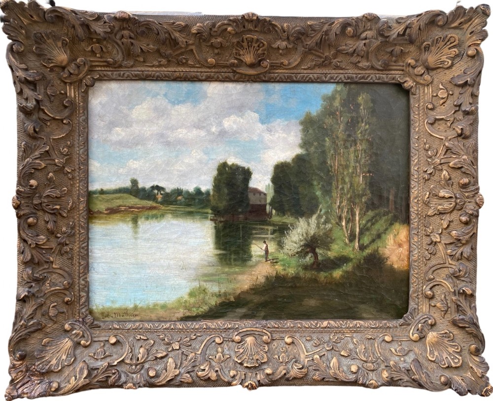 Little Angler in a sunny landscape, ca 1840, French plein air oil on canvas painting