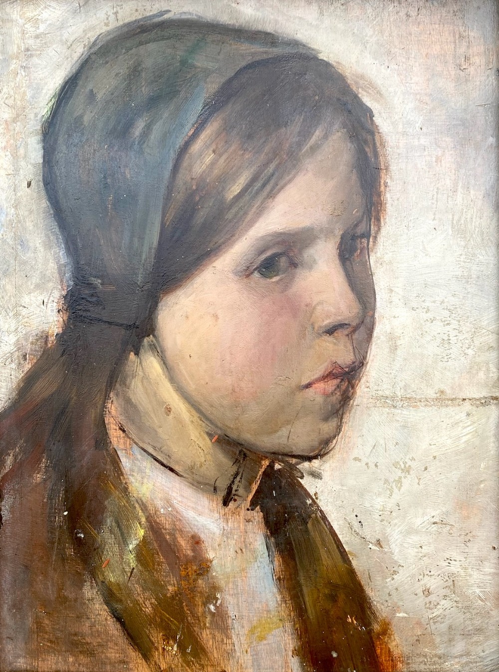 An 1889 oil painting on panel depicting the side profile of a young girl wearing a dark headscarf.