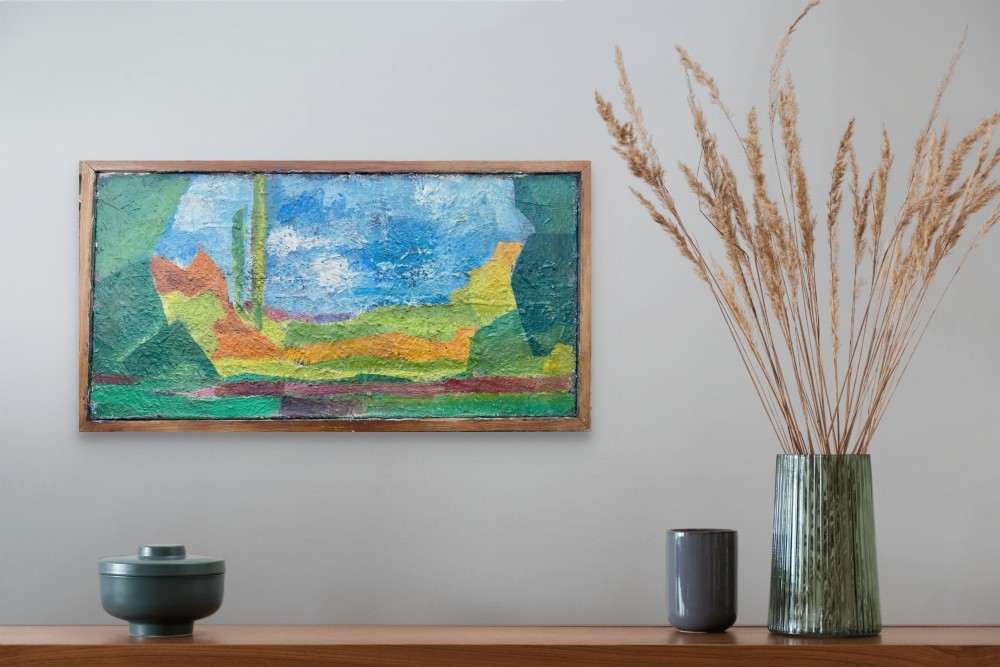 Abstracted colourist luminous landscape, ca 1950 French oil on canvas View V