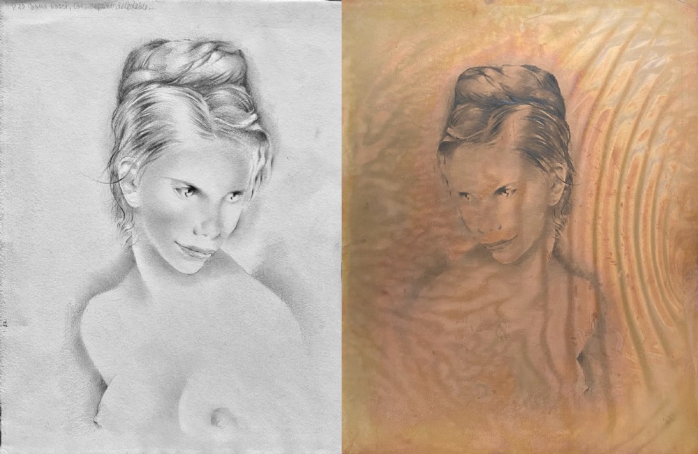 A graphite pencil drawing of a female nude portrait alongside its corresponding etched copper printing plate.