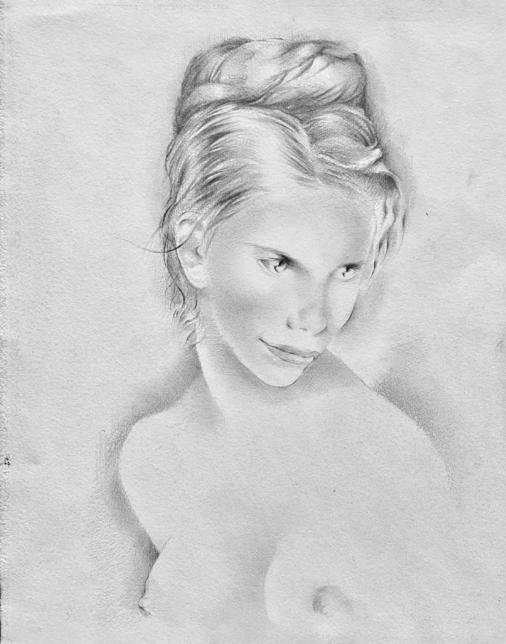 A graphite pencil drawing of a female nude portrait alongside its corresponding etched copper printing plate. View III