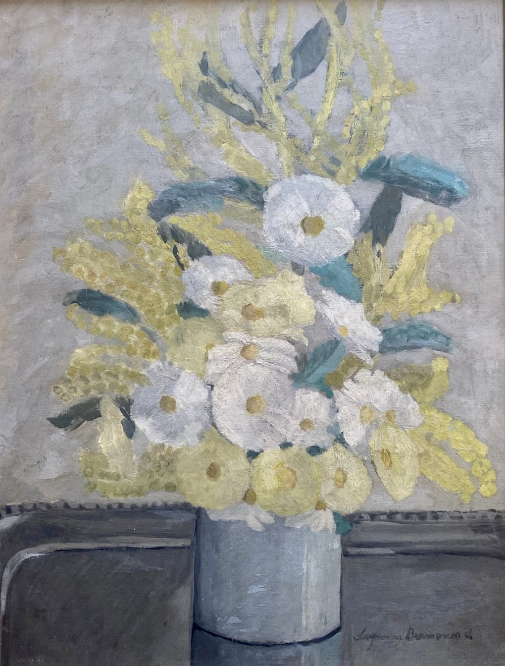 Mimosas, White and Yellow Flowers, ca 1920 woman artist ca 1920 French Arts and Crafts oil on board 