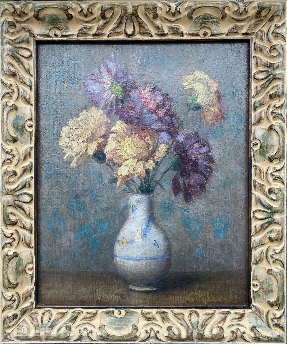 Floral Still Life, Art Nouveau Flowers ca 1910 arts and crafts period oil on panel