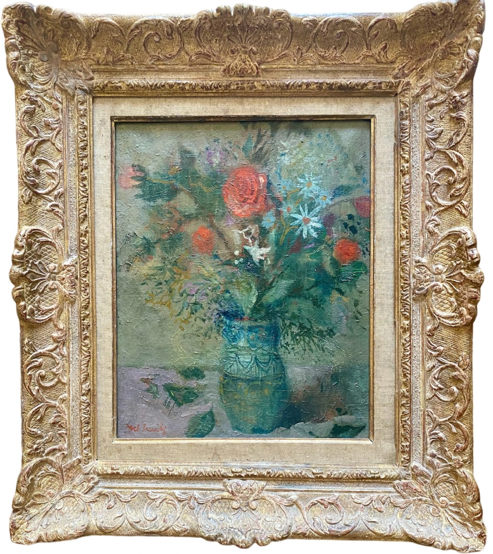 Roses and Marguerite Daisies, ca 1950: poetic French floral still life ex Galerie Cardo, Paris oil on canvas