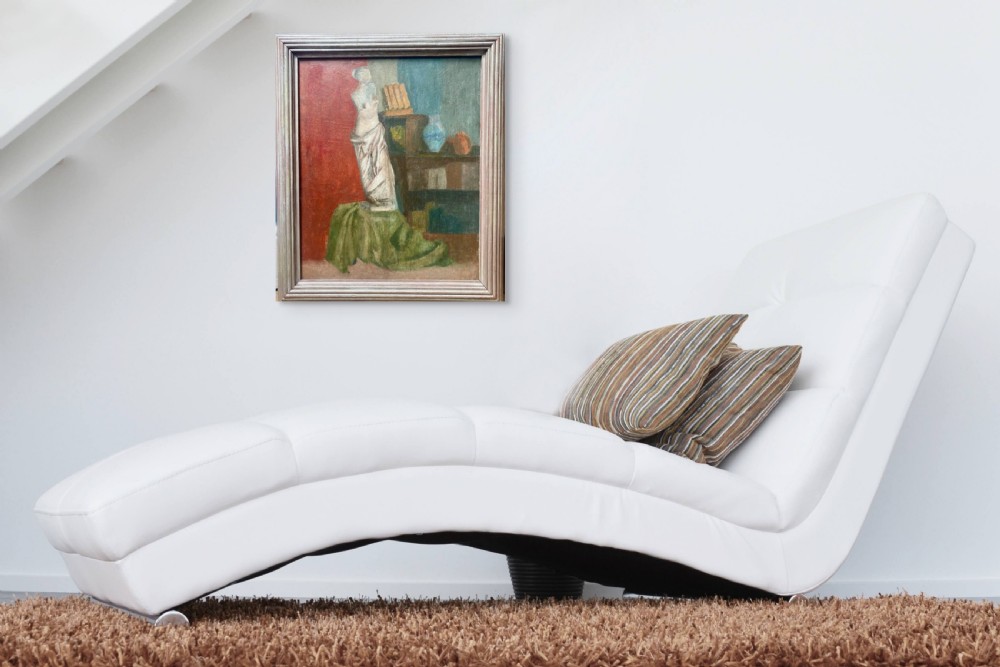A framed oil painting on board depicting a classical draped torso sculpture set against a split red and blue interior background. View VI