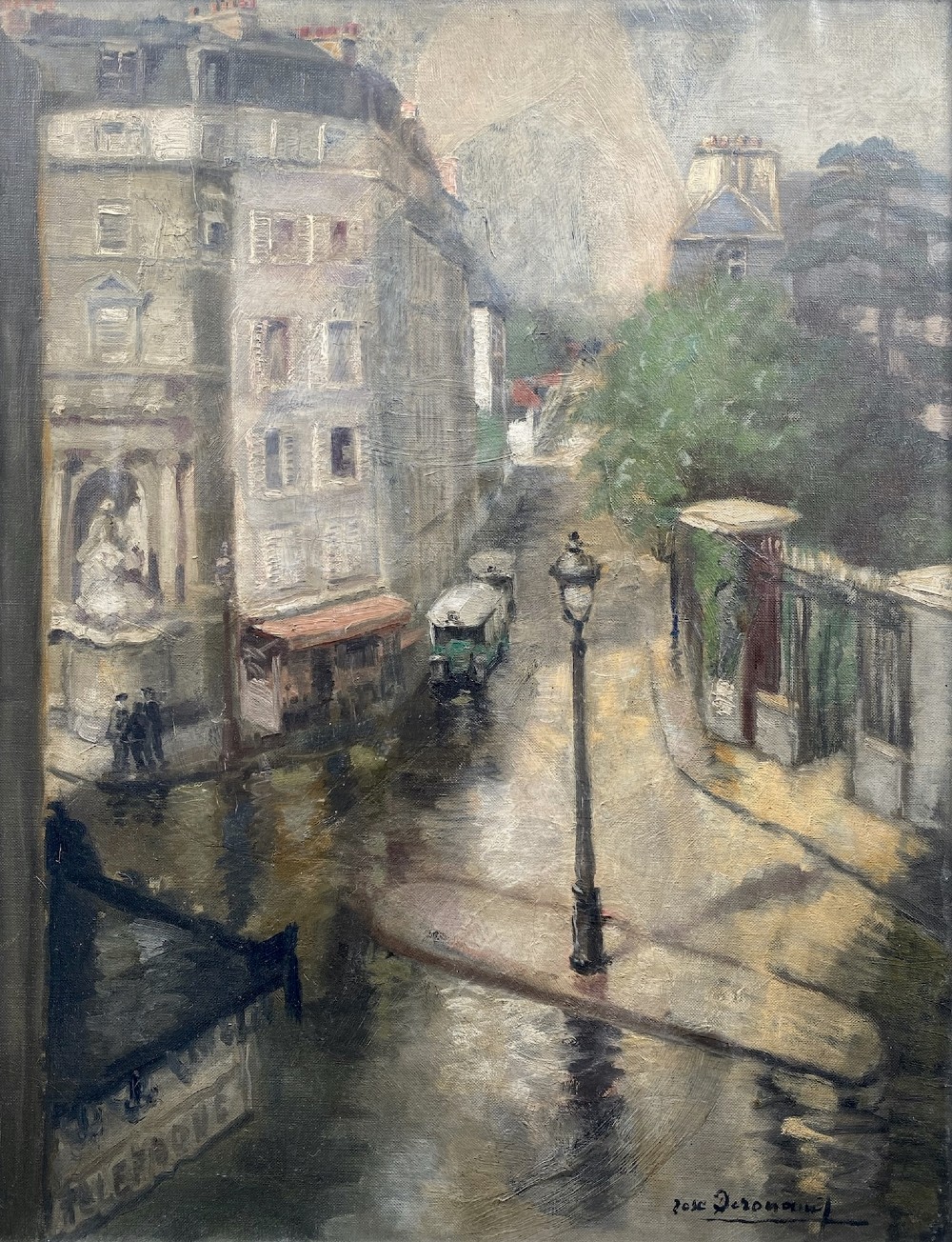 The City after the rain, ca 1920, figures in the Latin Quarter, animated Paris street scene woman artist oil on canvas 