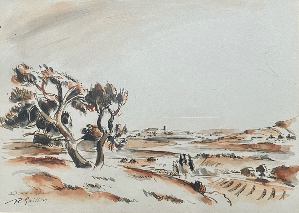 A 1934 French two-colour ink line drawing depicting gnarled olive trees in a rolling rural landscape.