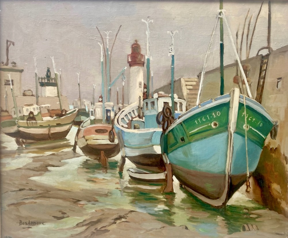 The lighthouse, a busy harbour, maritime oil on canvas by French Pierre Bordenave