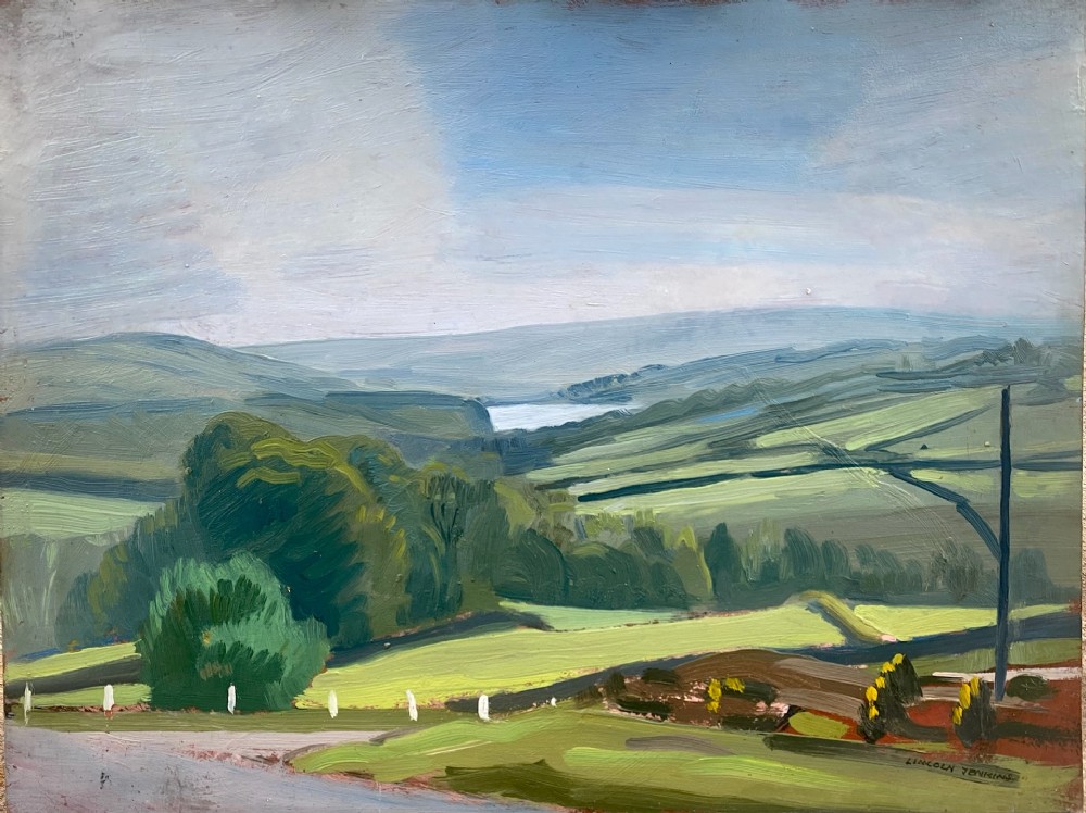 Yorkshire landscape, Nidderdale Dales, Frewston Reservoir: lightly cubist modernist oil on board British Art