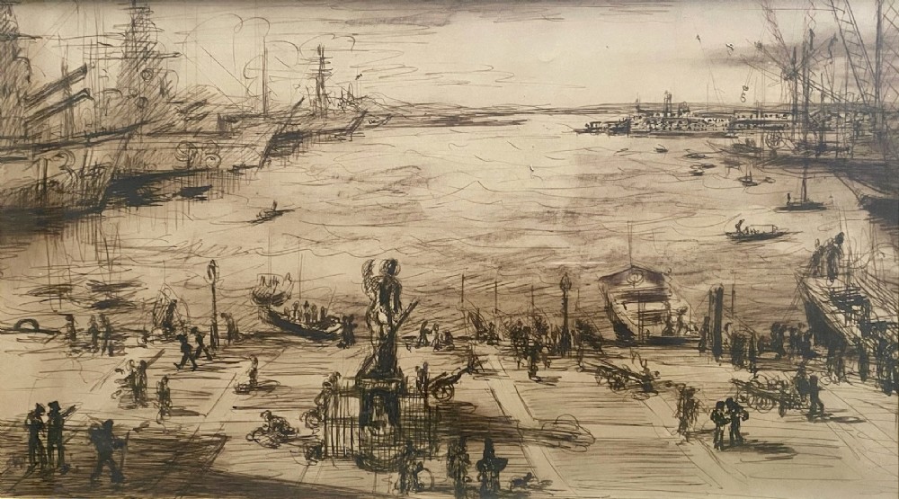 A monochrome ink drawing depicting a busy naval port with warships, a central monument statue, harbour workers, and cranes along the waterfront.