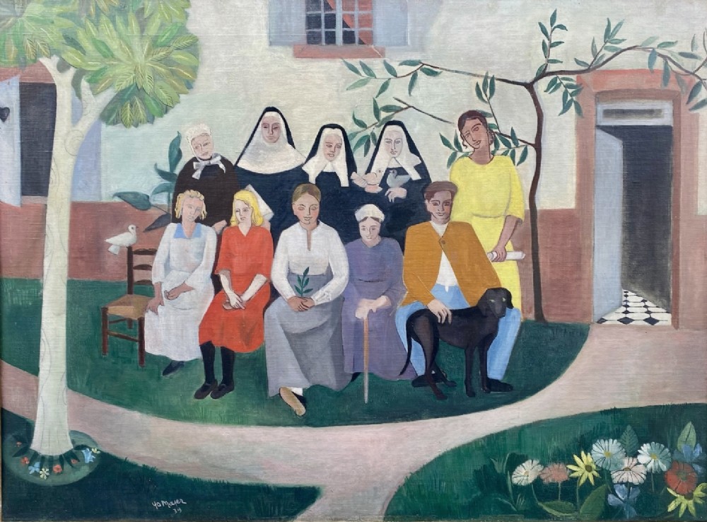An oil painting on canvas depicting a figurative group portrait including nuns, figures, and a dog seated outside a white building.