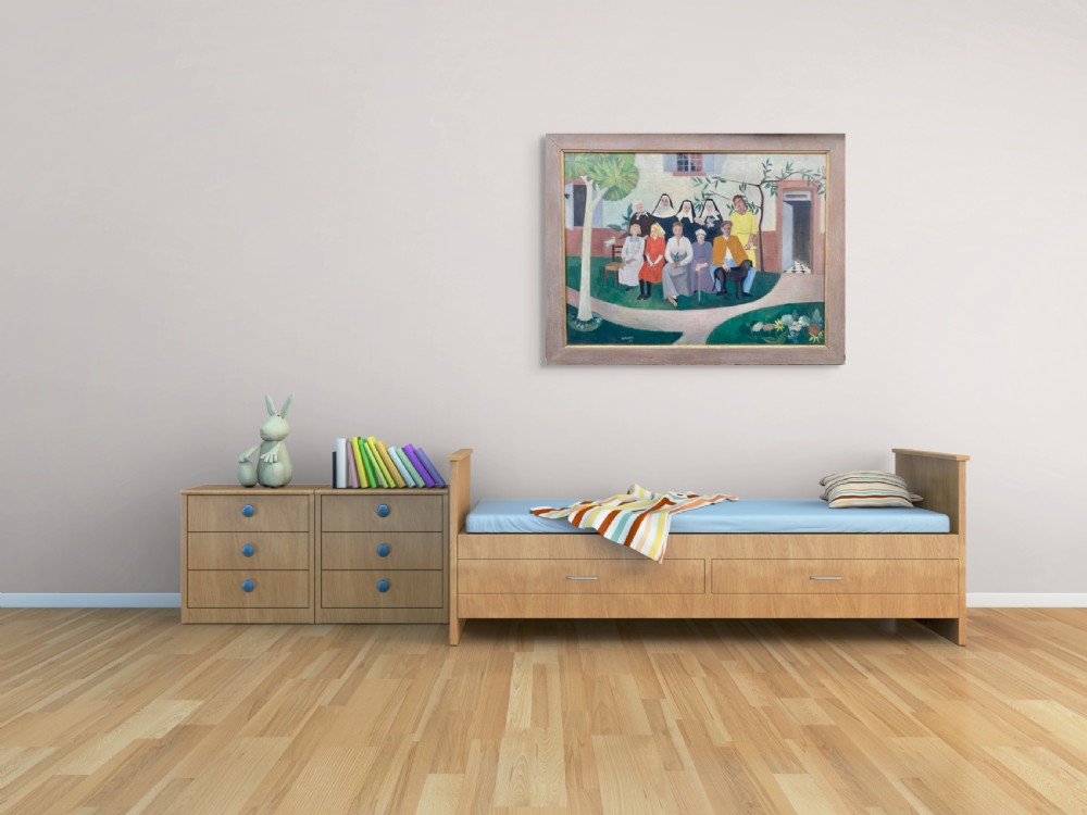 An oil painting on canvas depicting a figurative group portrait including nuns, figures, and a dog seated outside a white building. View VIII