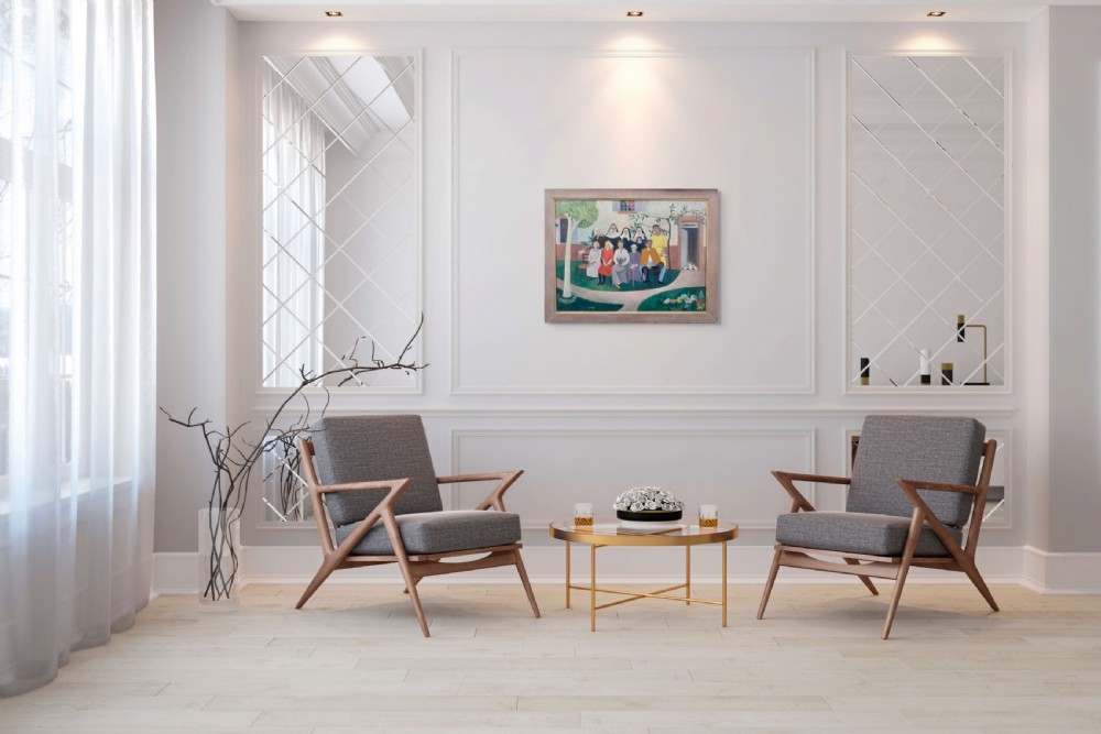 An oil painting on canvas depicting a figurative group portrait including nuns, figures, and a dog seated outside a white building. View IX