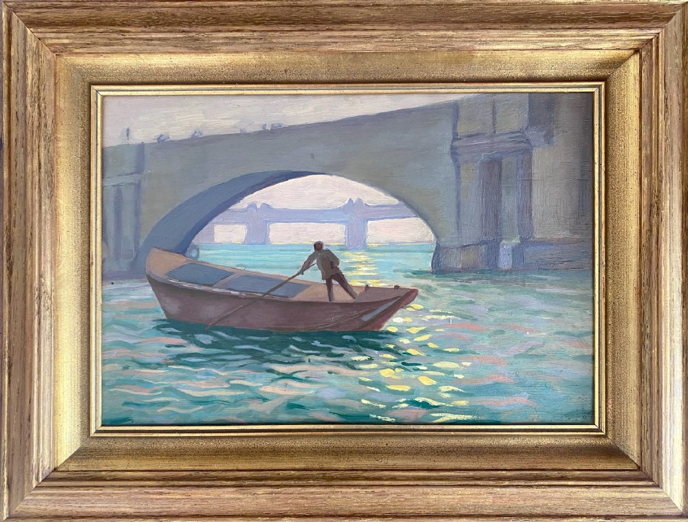 Waterloo Bridge, London ca 1910: lone figure, the play of light on water oil on board painting 