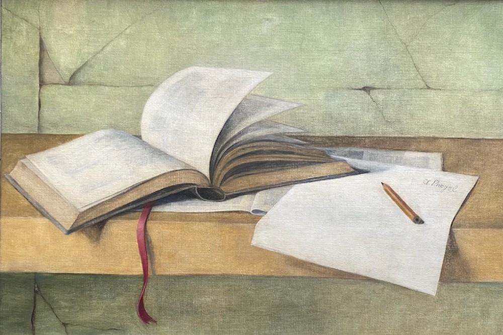 Masterpiece: the blank page: a writer's still life, ca 1947 Russian avant garde woman artist in New York oil on canvas