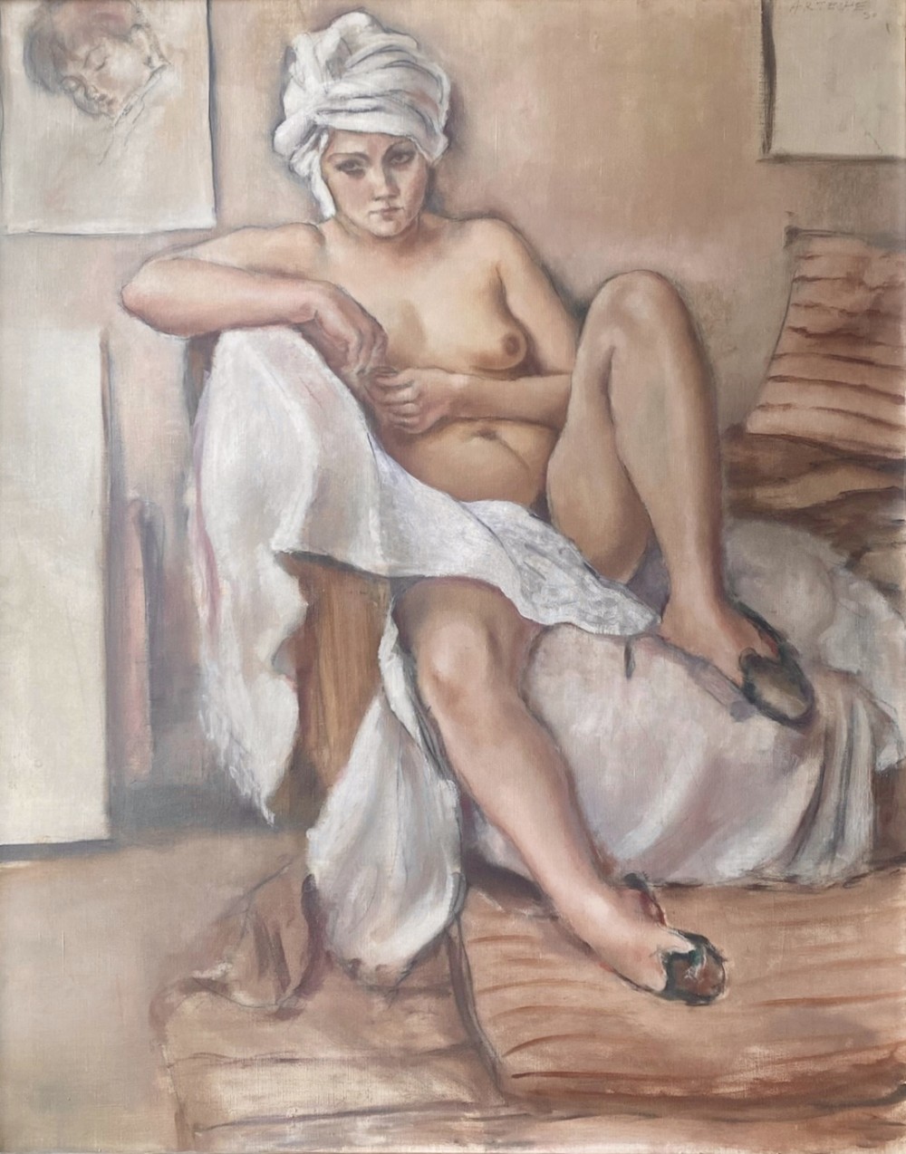 An oil painting on canvas depicting a seated female nude wearing a white turban wrap in a muted studio setting.