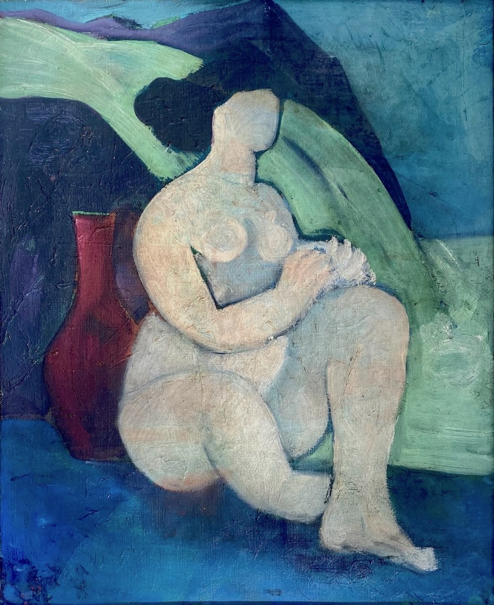 A sculptural, abstracted nude, ca 1947 lightly cubist modernist oil on canvas