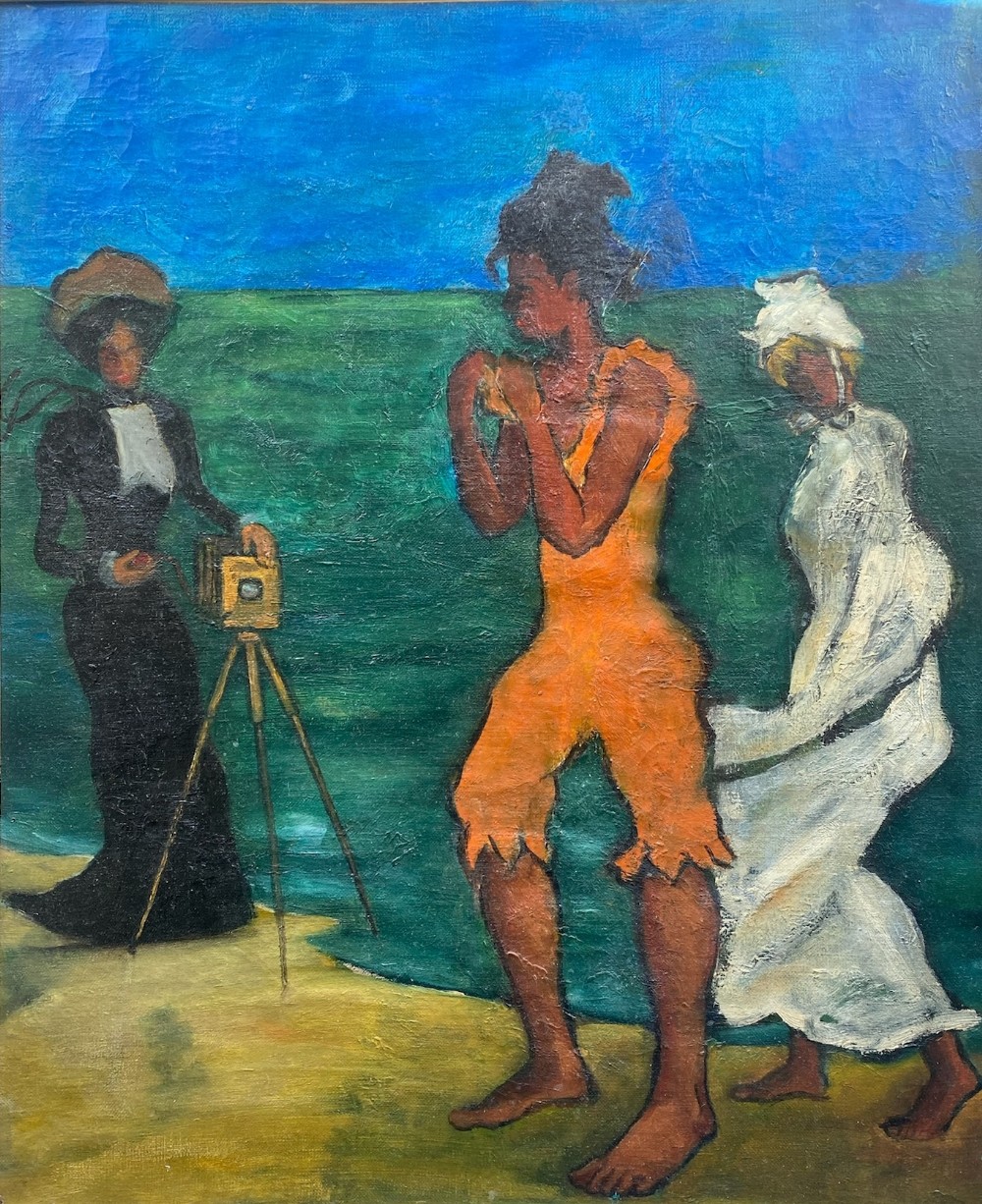 An oil painting on canvas depicting three figures on a beach, including a photographer with a camera on a tripod, a figure in orange, and a figure in white, set against a green ocean and blue sky.