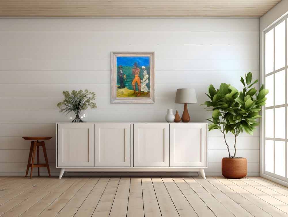An oil painting on canvas depicting three figures on a beach, including a photographer with a camera on a tripod, a figure in orange, and a figure in white, set against a green ocean and blue sky. View VII