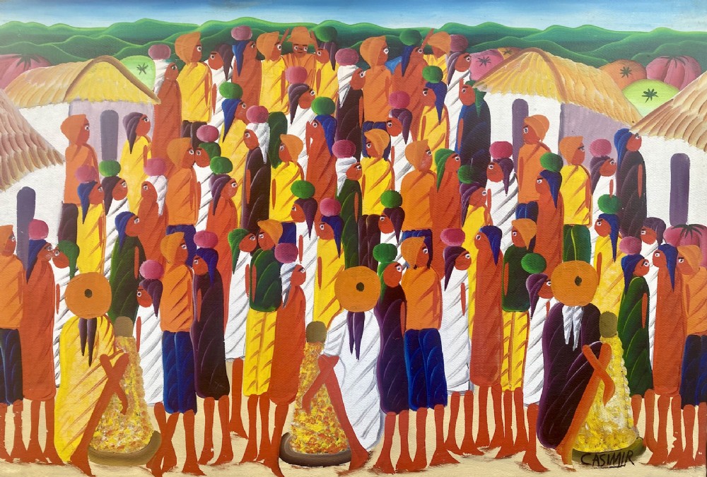 Market Scene, ca 1960 Haitian Master Laurent Casimir bold and colourful naive outsider oil on canvas